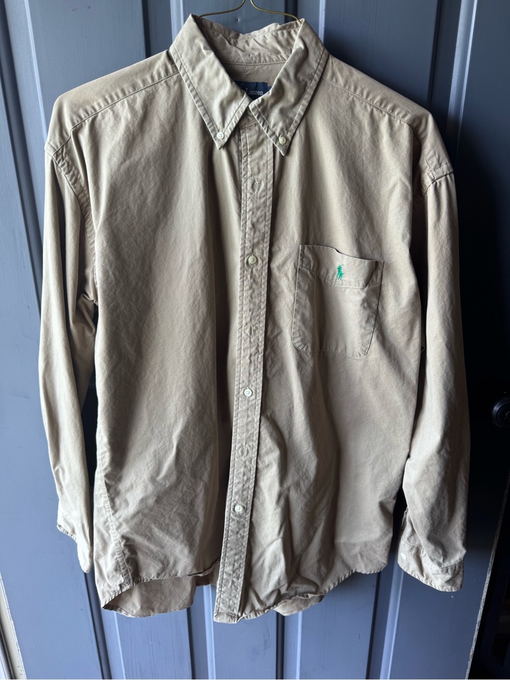 Ralph Lauren Men's Khaki Button-Down Shirt with Green Polo Logo